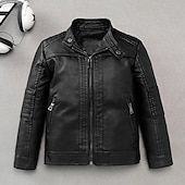 economico Giubbotti di Pelle per Ragazzi-Bambini Ragazzi Giacca in pelle nera Giacca in pile Giacca di pelle Capispalla Semplice Manica Lunga Con zip Impermeabile Tenere al caldo Antivento Cappotto Quotidiano Moda Casual Nero Autunno Inverno
