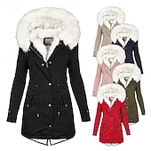 preiswerte Winter Parka-Damen Wintermantel Kunstpelzmantel Kapuzenjacke Warm Bequem Fellbesatz Reißverschluss Tasche Knöpfe Lässig Einfach Outdoor Urlaub Alltagskleidung Ausgehen Lang Mit Kapuze Normale Passform Langarm