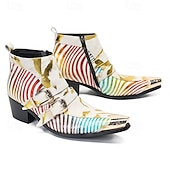 halpa Ensiluokkaiset nahkasaappaat-Miesten valkoiset abstraktin raidalliset nahkaiset cowboy-saappaat vetoketjulla ja metallisella kärjellä, 100% naudannahasta valmistetut taiteelliset nilkkurit lavalle ja tapahtumiin