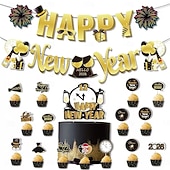 levne Nový rok-Silvestrovské dekorace v černé a zlaté barvě, 52 ks, sada balónkových girland s motivem nového roku 2026 – banner, rekvizity do fotobudky &amp;párty potřeby pro oslavu odpočítávání