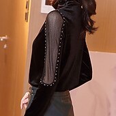 Dame Fløyel Bluse Dressy topper عادي Elegant Årgang damer Halvlange ermer Høyhalset Vanlige topper Arbeid Daglig Ferie Rynket Perler Netting Svart Rød Blå Lilla Høst Vinter billige Dressy topper-Dame Fløyel Bluse Dressy topper عادي Elegant Årgang damer Halvlange ermer Høyhalset Vanlige topper Arbeid Daglig Ferie Rynket Perler Netting Svart Rød Blå Lilla Høst Vinter