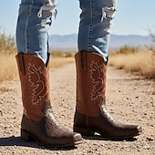 cheap Cowboy &amp; Western Boots-Men's Western Cowboy Boots with Orange Ostrich Leather and Dark Brown Embroidered Upper - Vintage Style for Rodeo and Casual Wear
