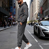 preiswerte Tute basic-Men's Tracksuit Outfit Set Hoodies Set Hoodie Outdoor Daily Sports Drawstring Zip Up Pocket Plain Black Navy Blue Brown Polyester Activewear Fashion Streetwear Fall