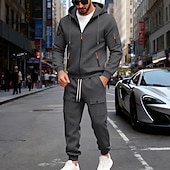 preiswerte Tute basic-Men's Tracksuit Outfit Set Hoodies Set Hoodie Outdoor Daily Sports Drawstring Zip Up Pocket Plain Black Navy Blue Brown Polyester Activewear Fashion Streetwear Fall