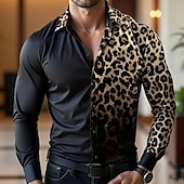 baratos Camisa de Seda Masculina-Homens Estampa de Leopardo Camisa Social Blusa de cetim Saia Manga Longa Moda Casual Férias Dia a Dia Verão Primavera Outono Aberto para a Lateral Impressão 3D Camisas de botões Preto