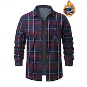 preiswerte Flanellhemden-Herren Hemd Freizeithemd Flanellhemd Fleece-Shirt Knopfhemd Wein Marineblau Blau Grau Langarm Karomuster Revers Urlaub Ferien Tasche Bekleidung Polyester Mode warm halten Lässig Bequem
