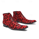 Miesten punaiset leopardikuvioiset nahkaiset nilkkurit, joissa nauhat ja terävä kärki, 100% naudannahkaa, muotisaappaat lavalle, klubeille ja trendikkäisiin asuihin. halpa Miesten joulukengät-Miesten punaiset leopardikuvioiset nahkaiset nilkkurit, joissa nauhat ja terävä kärki, 100% naudannahkaa, muotisaappaat lavalle, klubeille ja trendikkäisiin asuihin.