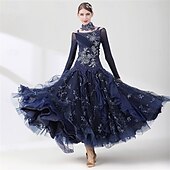 levne Soutěžní oděv-Dámské šaty na společenský tanec s kamínky, hvězdnou výšivkou, vrstvená organza, elegantní, na valčík, tango, foxtrot – tmavě modré