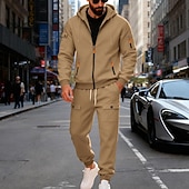 preiswerte Tute basic-Men's Tracksuit Outfit Set Hoodies Set Hoodie Outdoor Daily Sports Drawstring Zip Up Pocket Plain Black Navy Blue Brown Polyester Activewear Fashion Streetwear Fall