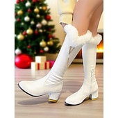  Γυναικείες μαύρες μπότες μέχρι το γόνατο με διακοσμητικά από ψεύτικη γούνα και μαργαριτάρι, ζεστές χειμωνιάτικες μπότες μόδας για τα Χριστούγεννα &ρούχα για κρύο καιρό