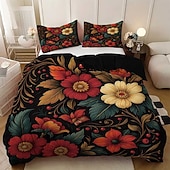 Χαμηλού Κόστους Σετ παπλωματοθήκης-Σετ παπλωματοθήκης 3 τεμαχίων με ρετρό τρισδιάστατη εκτύπωση λουλουδιών από πούπουλα για κρεβάτι queen size, μαλακό κοντό βελούδινο κάλυμμα παπλώματος με 2 μαξιλαροθήκες - κλινοσκεπάσματα υπνοδωματίου