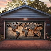 baratos Capas para portas de garagem-Capa de porta de garagem realista de madeira com design de mapa-múndi grande, cenário suspenso, painel decorativo educacional 3D para festas de fim de ano ao ar livre, decoração de quintal e casa
