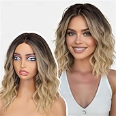 Недорогие Парик из искусственных волос без шапочки-основы-Женский парик карамельно-коричневого цвета длиной 14 дюймов с мелированием — волнистый парик длиной до плеч с предварительно выстриженными волосами на кружеве, пробор посередине, натуральный волнистый