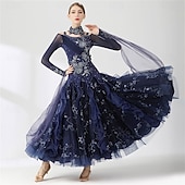 levne Soutěžní oděv-Dámské šaty na společenský tanec s kamínky, hvězdnou výšivkou, vrstvená organza, elegantní, na valčík, tango, foxtrot – tmavě modré
