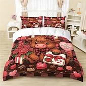 baratos Conjuntos de capa de edredão-Conjunto de capa de edredom de 3 peças com estampa de vaca das terras altas e flores fofas para cama grande, capa de edredom curta e macia com 2 fronhas – roupa de cama para quarto de hotel,