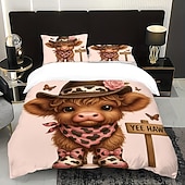 baratos Conjuntos de capa de edredão-Conjunto de capa de edredom de 3 peças com estampa de vaca das terras altas e flores fofas para cama grande, capa de edredom curta e macia com 2 fronhas – roupa de cama para quarto de hotel,