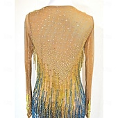 abordables robe de compétition-Women’s Gold and Blue Latin Dance Dress with Crystal Rhinestones and Fringed Details for Salsa, Tango, and Dance Performance