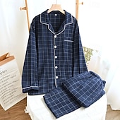 cheap Men's Pajamas-Men's Sleepwear Pajama Set Pajama Top and Pant 1 set Plaid Fashion Stylish Classic Home Daily Bed Cotton Comfort Soft Breathable Lapel Long Sleeve Shirt Pant Elastic Waist Buttons Spring Fall Navy