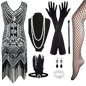 abordables Vestidos de los años 20-Conjunto Rugido 20s 1920s Hasta la Rodilla Vestido Flapper Vestido Cóctel Disfraz de lujo con accesorios Sin Mangas El gran Gatsby Chica de la aleta Lentejuelas Borlas Escote en Pico Disfraz Mujer