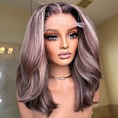 billiga Human Hair Lace Front Wigs-Brazilian Hair 100% Unprocessed Virgin Hair 5x5 Closure Wigs  Ash Blonde Highlighted 13x4 Lace Front Human Hair Wig Short Bob Wavy Wig Natural Hairline
