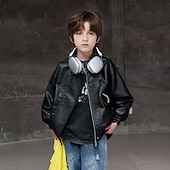 cheap Jongens Leren Jassen-Kid's Boys' Black Leather Jacket Jacket Outerwear Plain Long Sleeve Zip Up Waterproof Windproof Coat Daily Fashion Casual Black Green Spring Fall 4-12 Years