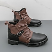 baratos Botas de trabalho-Botas masculinas de couro sintético bicolor, pretas e marrons, com tira de fivela lateral e design de gáspea dobrada, botas vintage feitas à mão para amantes da moda retrô