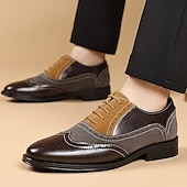 cheap Brogue Shoes-Men's Brown and Beige Faux Leather Brogue Oxford Shoes with Wingtip Detailing and Classic Lace-Up Design, Vintage Formal Shoes for Office and Parties