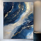 economico Quadri astratti-dipinto a olio fatto a mano su tela, decorazione artistica da parete astratta blu dorato per la casa, soggiorno, camera da letto, decorazione con cornice allungata, dipinto appeso/dipinto arrotolato