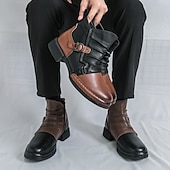 baratos Botas de trabalho-Botas masculinas de couro sintético bicolor, pretas e marrons, com tira de fivela lateral e design de gáspea dobrada, botas vintage feitas à mão para amantes da moda retrô