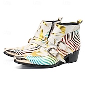 halpa Ensiluokkaiset nahkasaappaat-Miesten valkoiset abstraktin raidalliset nahkaiset cowboy-saappaat vetoketjulla ja metallisella kärjellä, 100% naudannahasta valmistetut taiteelliset nilkkurit lavalle ja tapahtumiin