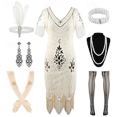 economico Abiti degli anni '20-Set Anni Ruggenti Anni 1920 Lunghezza al ginocchio Abito Flapper Abito da cocktail Costume di fantasia con accessori Maniche corte Il grande Gatsby Ragazza Flapper Paillettes Frangia con nappe Scollo