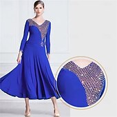 economico Abbigliamento da Competizione-abito da ballo da sala da donna con scollo a V e maniche lunghe, strass, abito da competizione per valzer e tango, elegante gonna fluida – blu reale