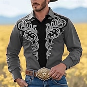 economico camicie western da uomo-Per uomo Stampa Floreale Fiori Camicia Camicia Western Camicia da cowboy Manica Lunga Vintage Retrò All'aperto Vacanza Primavera Autunno Collo ripiegato Stampa 3D Camicia tipo lino Rosso Arancione