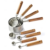 رخيصةأون أدوات القياس-مجموعة من 8 قطع من أكواب القياس والملاعق - أكواب قياس من الفولاذ المقاوم للصدأ بمقبض خشبي، مجموعة ملاعق قياس معدنية، مجموعة قياس المطبخ للمطبخ/الطعام/الخبز