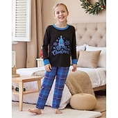 cheap Holiday Family Matching-Family Christmas Christmas Family Pajamas Pajamas Family Sets Graphic Plaid Snowflake Home Print Blue Long Sleeve Daily Matching Outfits