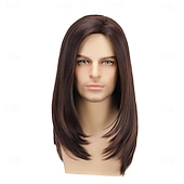 baratos Perucas Casam-Peruca longa castanha para homem, cabelo liso, sintética, resistente ao calor, ideal para uso diário, festas e fantasias.