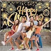 cheap New Year-New Years Eve Party Black and Gold Decorations Sequin Backdrop – Glitter Black Gold Fabric Banner for 2026 Happy New Year Party, Photo Booth &amp; Holiday Celebration Decor