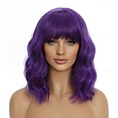 economico Parrucche trendy sintetiche-parrucche viola scuro con frangia per donne parrucche bob corte e ondulate da 14 pollici, parrucca bob sintetica, parrucca riccia resistente al calore, parrucca ondulata colorata, parrucche cosplay