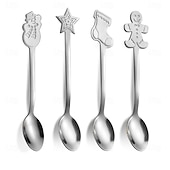 abordables Decoración de Mesa y Comedor-Cuchara navideña de acero inoxidable, juego de 4 piezas con diseño de árbol de Navidad, ideal para el hogar, café, cena, postres, helados y otras ocasiones especiales. Un regalo creativo para fiestas