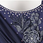 levne Soutěžní oděv-Dámské šaty na společenský tanec s kamínky, hvězdnou výšivkou, vrstvená organza, elegantní, na valčík, tango, foxtrot – tmavě modré