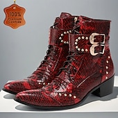 halpa Ensiluokkaiset nahkasaappaat-Miesten punaiset käärmekuvioiset nahkaiset nilkkurit, joissa on kaksinkertaiset solkiremmit ja niittiyksityiskohdat, 100% naudannahasta valmistetut länsimaiset saappaat konsertteihin ja esityksiin