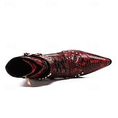 halpa Ensiluokkaiset nahkasaappaat-Miesten punaiset käärmekuvioiset nahkaiset nilkkurit, joissa on kaksinkertaiset solkiremmit ja niittiyksityiskohdat, 100% naudannahasta valmistetut länsimaiset saappaat konsertteihin ja esityksiin