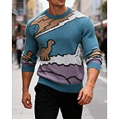 billige genser for menn-Herre Pullover genser Strikket genser Riflet Strikke Vanlige topper Strikket Dinosaur Crew-hals Mote Grunnleggende Feriereise Dagligdagstøy Klær Høst Vinter Lyseblå S M L