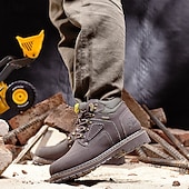 cheap Work Boots-Men's Yellow Faux Leather Work Safety Boots with Shock-Absorbing Sole and Steel-Toe Protection, Durable Construction Boots for Outdoor Labor and Industrial Work