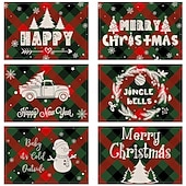 baratos Placemats &amp; Coasters &amp; Trivets-6 peças de floco de neve vermelho de natal &amp;Jogo americano de boneco de neve de árvore de Natal resistente ao calor, jogos americanos quadrados de linho para decoração de mesa de sala de jantar,