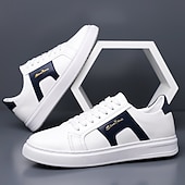 abordables Zapatillas Informales-Zapatillas casuales de piel sintética blanca para hombre con panel de acento marrón y diseño con cordones, zapatos de calle cómodos para atuendos urbanos y deportivos diarios.