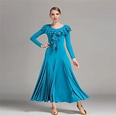 cheap Standard  Ballroom-Elegant Blue Ballroom Dance Dress with Ruffled Neckline and Long Sleeves for Latin and Social Dancing