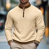 economico T-shirt in maglia waffle-Per uomo Maglietta Waffle Maglietta Manica Lunga Collo alla coreana Tutte le stagioni Blocco di colori Tradizionale / Vintage Casual Con zip All'aperto Casa Sport &amp; Outdoor Cachi Maglietta Top per