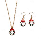 baratos Colar Feminino-conjunto de joias de guirlanda de Natal – colar e brincos vermelhos e verdes com design de laço para mulheres