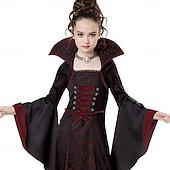 זול תחפושות לבנות-ילדים בנות שמלה גראפי ילדי תחפושת מכשפה שרוול ארוך מפלגה ליל כל הקדושים דפוס בסיסי תחפושות כותנה א-סימטרי שמלה עם כיווץ במותן קיץ אביב סתיו 4-12 שנים לבן יין